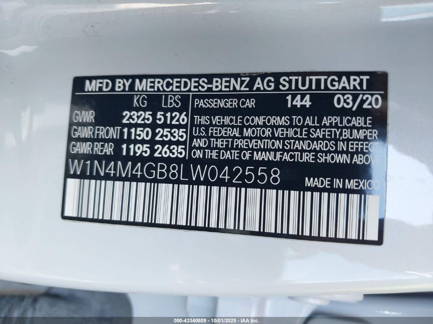 2020 Mercedes-Benz Glb 250 VIN: W1N4M4GB8LW042558 Lot: 43340809