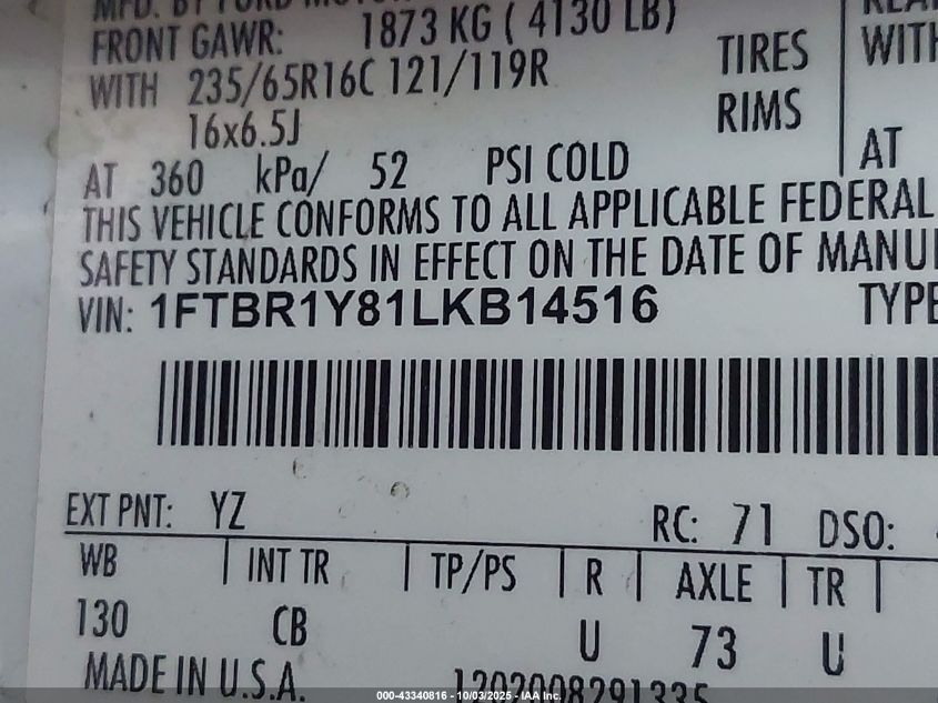 2020 Ford Transit-250 VIN: 1FTBR1Y81LKB14516 Lot: 43340816