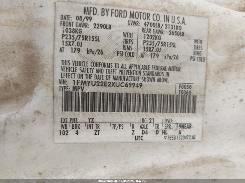 1999 Ford Explorer Sport VIN: 1FMYU22E2XUC69949 Lot: 43340828