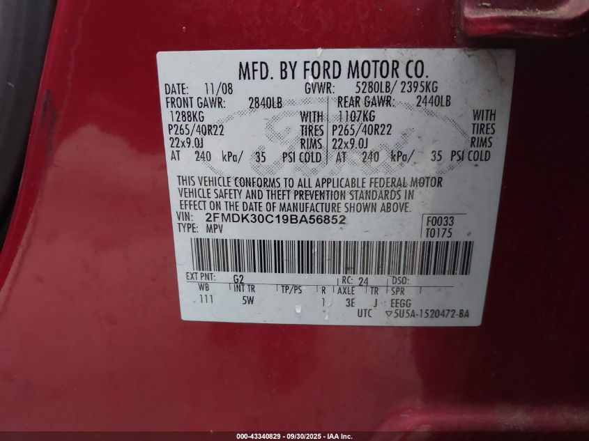 2009 Ford Edge Sport VIN: 2FMDK30C19BA56852 Lot: 43340829