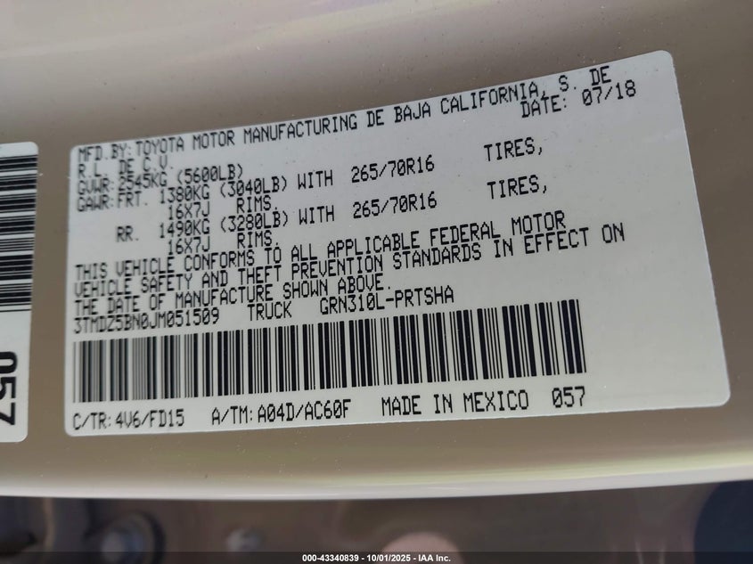 2018 TOYOTA TACOMA TRD OFF ROAD 3TMDZ5BN0JM051509