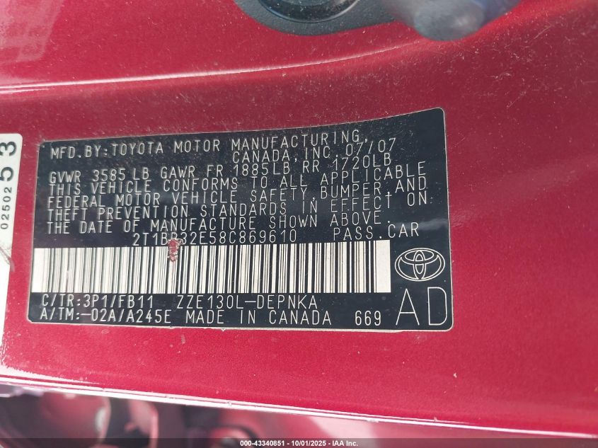 2008 Toyota Corolla Le VIN: 2T1BR32E58C869610 Lot: 43340851