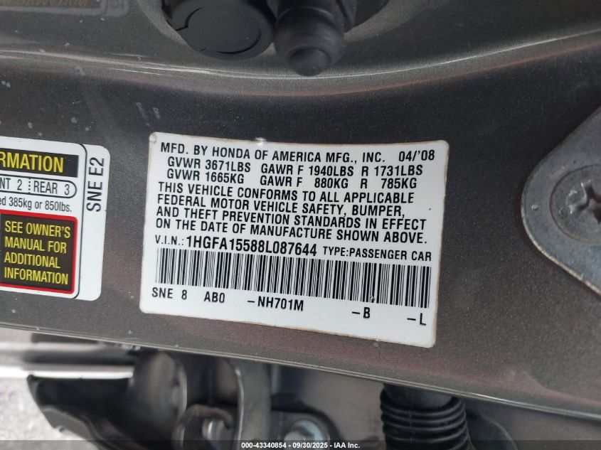 2008 Honda Civic Lx VIN: 1HGFA15588L087644 Lot: 43340854