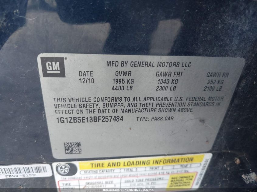 2011 Chevrolet Malibu Ls VIN: 1G1ZB5E13BF257484 Lot: 43340873