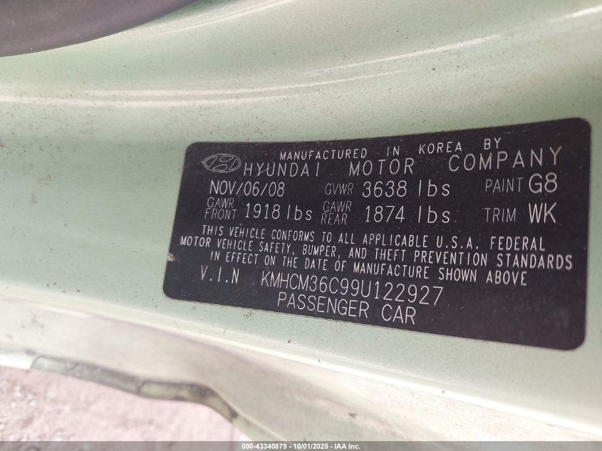 2009 Hyundai Accent Gs VIN: KMHCM36C99U122927 Lot: 43340879