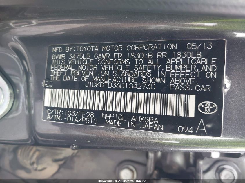 2013 Toyota Prius C Three VIN: JTDKDTB36D1042730 Lot: 43340883