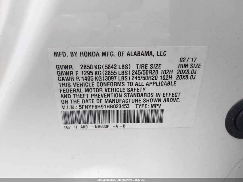 2017 HONDA PILOT TOURING - 5FNYF6H91HB023453