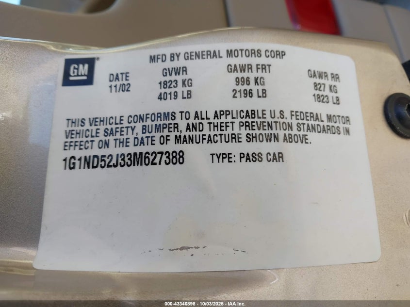 2003 Chevrolet Malibu VIN: 1G1ND52J33M627388 Lot: 43340898