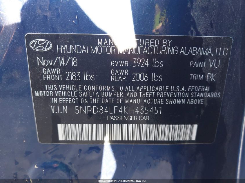 2019 Hyundai Elantra Sel VIN: 5NPD84LF4KH435451 Lot: 43340901