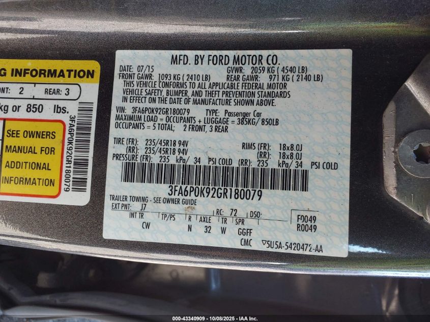 2016 Ford Fusion Titanium VIN: 3FA6P0K92GR180079 Lot: 43340909