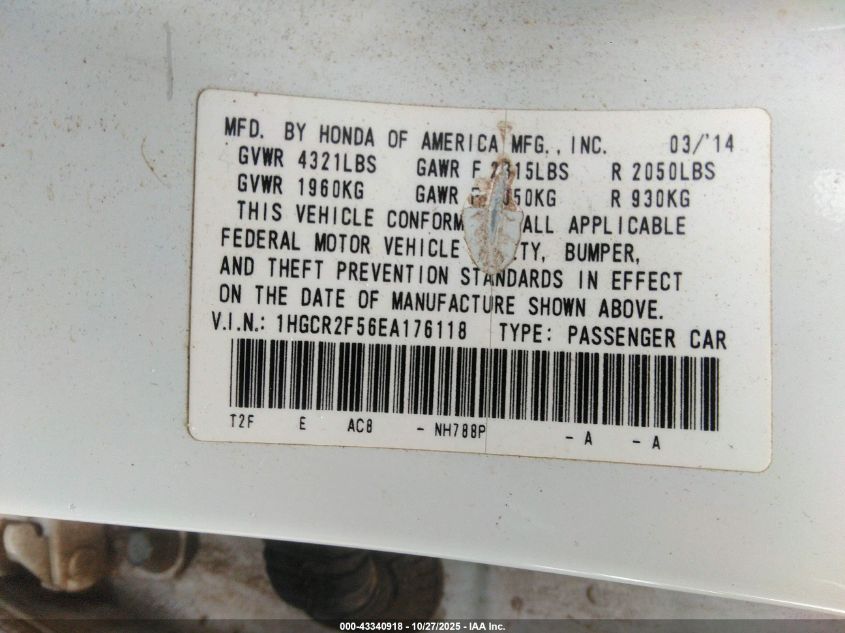 2014 Honda Accord Sport VIN: 1HGCR2F56EA176118 Lot: 43340918