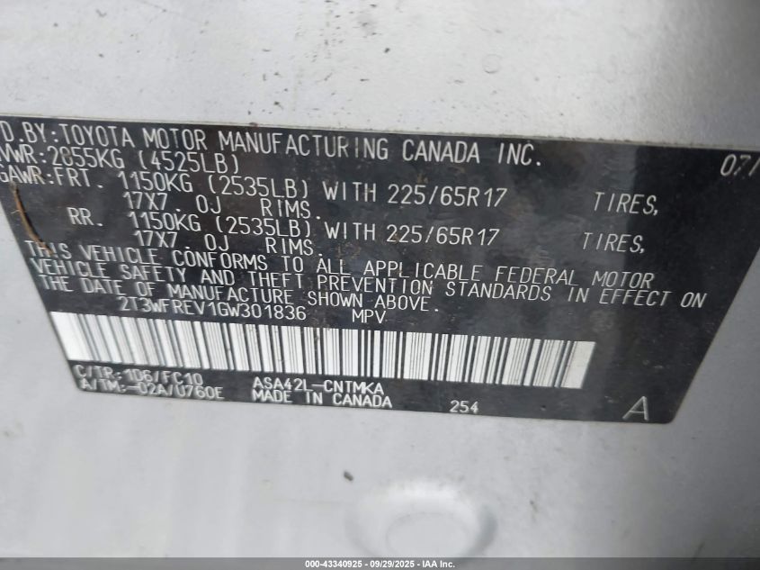 2016 Toyota Rav4 Xle VIN: 2T3WFREV1GW301836 Lot: 43340925