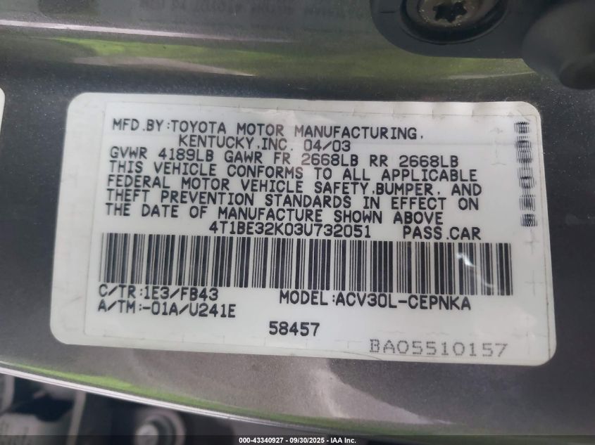 2003 Toyota Camry Le VIN: 4T1BE32K03U732051 Lot: 43340927