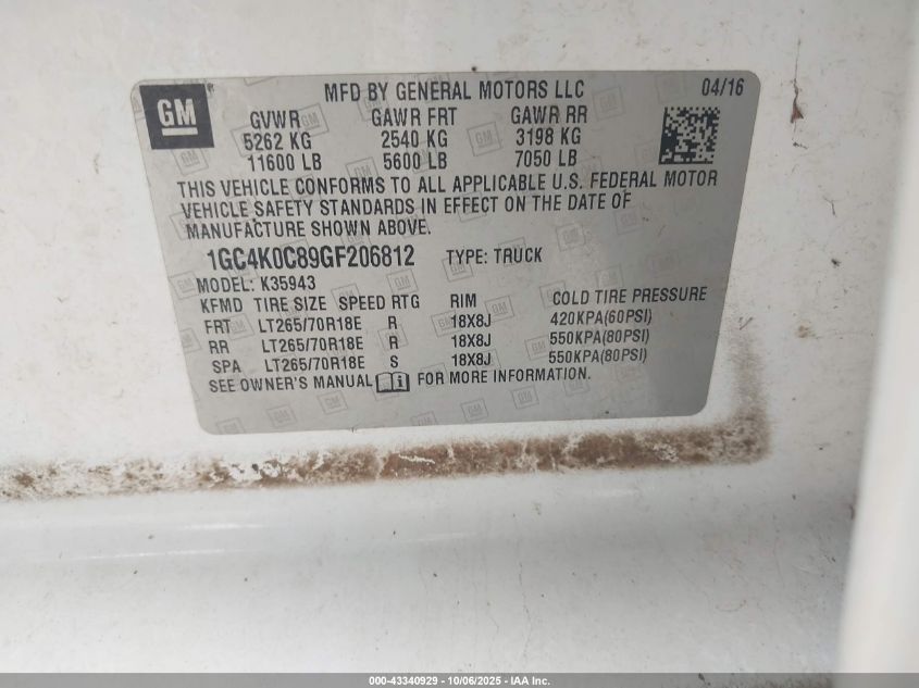 2016 Chevrolet Silverado 3500Hd Ltz VIN: 1GC4K0C89GF206812 Lot: 43340929