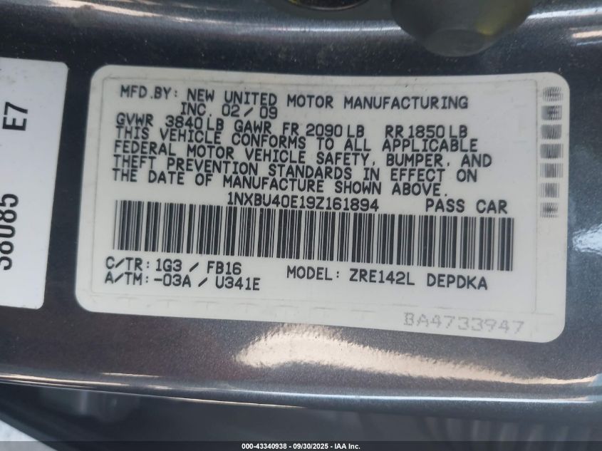 2009 Toyota Corolla Le VIN: 1NXBU40E19Z161894 Lot: 43340938