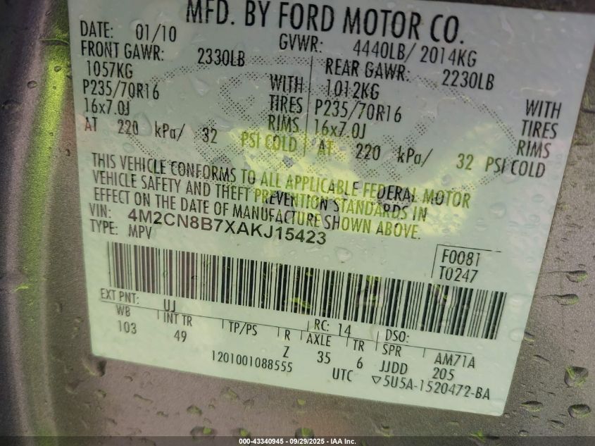 2010 Mercury Mariner VIN: 4M2CN8B7XAKJ15423 Lot: 43340945