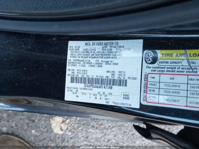 2010 Ford Fusion Sel VIN: 3FAHP0JA6AR147548 Lot: 43340947