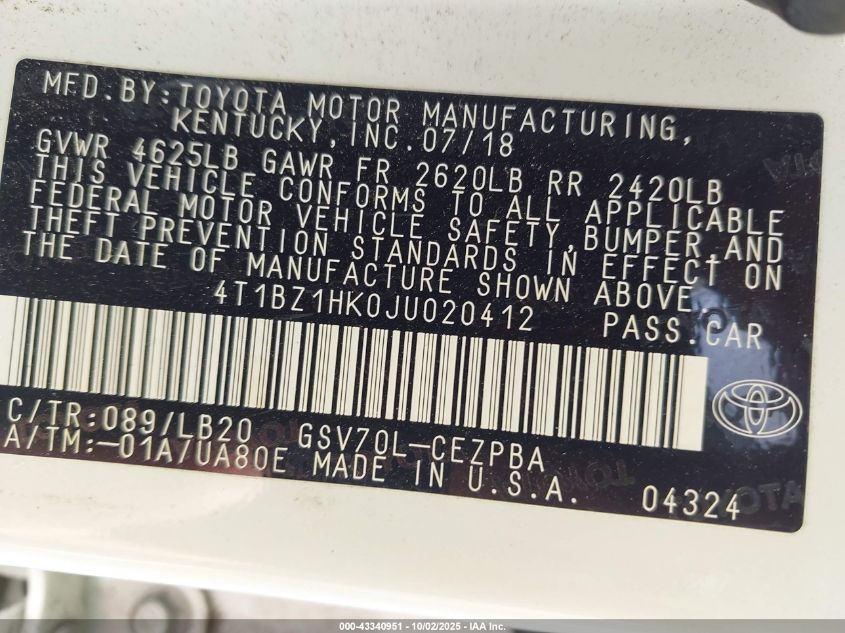 2018 Toyota Camry Xse V6 VIN: 4T1BZ1HK0JU020412 Lot: 43340951