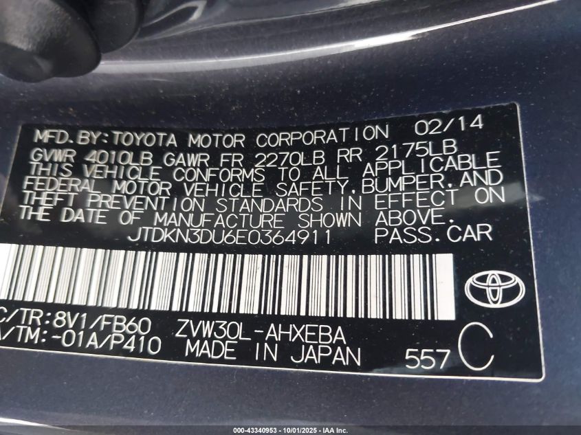 2014 Toyota Prius Three VIN: JTDKN3DU6E0364911 Lot: 43340953