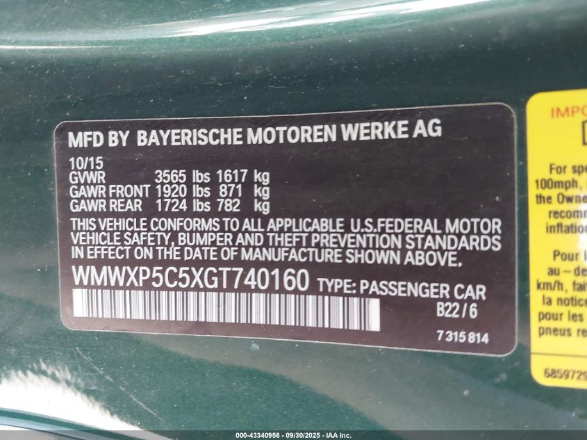 2016 Mini Hardtop Cooper VIN: WMWXP5C5XGT740160 Lot: 43340956