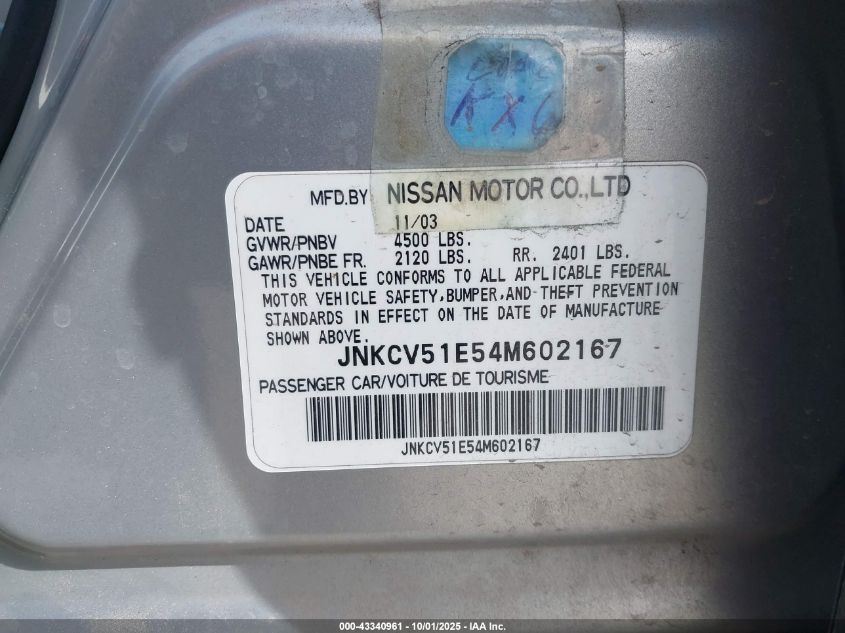 2004 Infiniti G35 VIN: JNKCV51E54M602167 Lot: 43340961