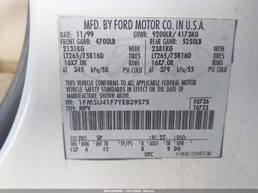 2000 Ford Excursion Xlt VIN: 1FMSU41F7YEB39575 Lot: 43340964