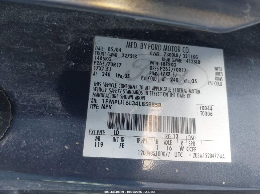 2004 Ford Expedition Nbx/Xlt VIN: 1FMPU16L34LB58858 Lot: 43340989