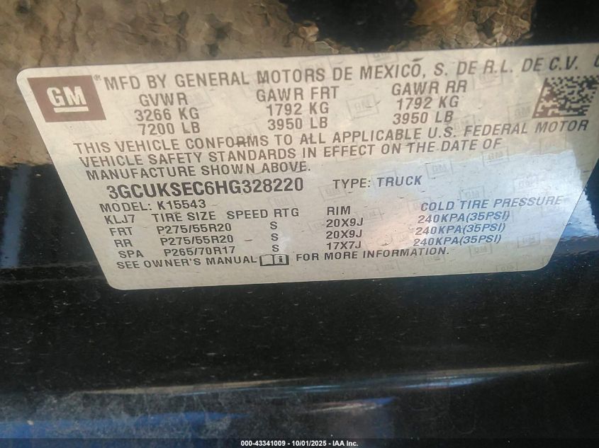 2017 Chevrolet Silverado 1500 2Lz VIN: 3GCUKSEC6HG328220 Lot: 43341009