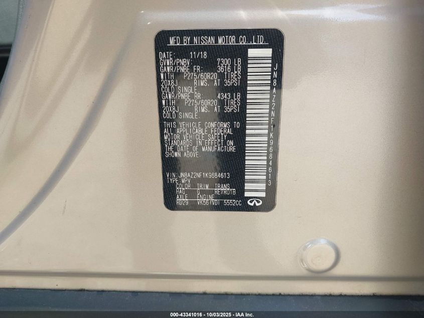 2019 Infiniti Qx80 Luxe VIN: JN8AZ2NF1K9684613 Lot: 43341016