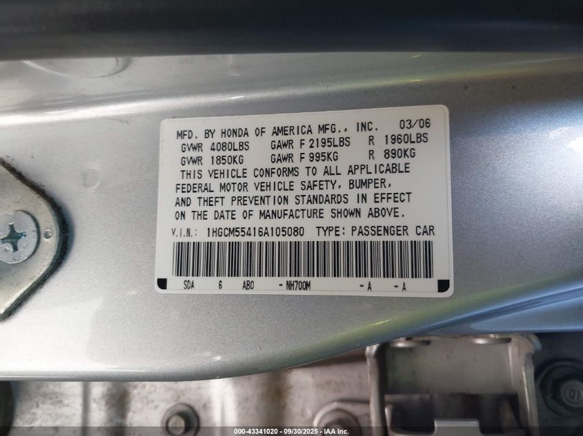 2006 Honda Accord 2.4 Lx VIN: 1HGCM55416A105080 Lot: 43341020