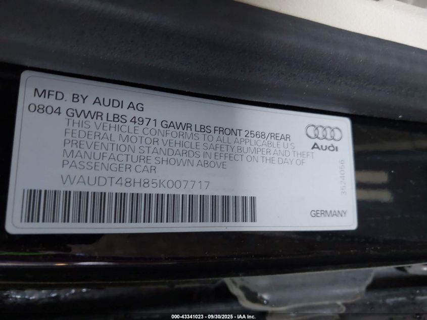 2005 Audi A4 3.0 VIN: WAUDT48H85K007717 Lot: 43341023