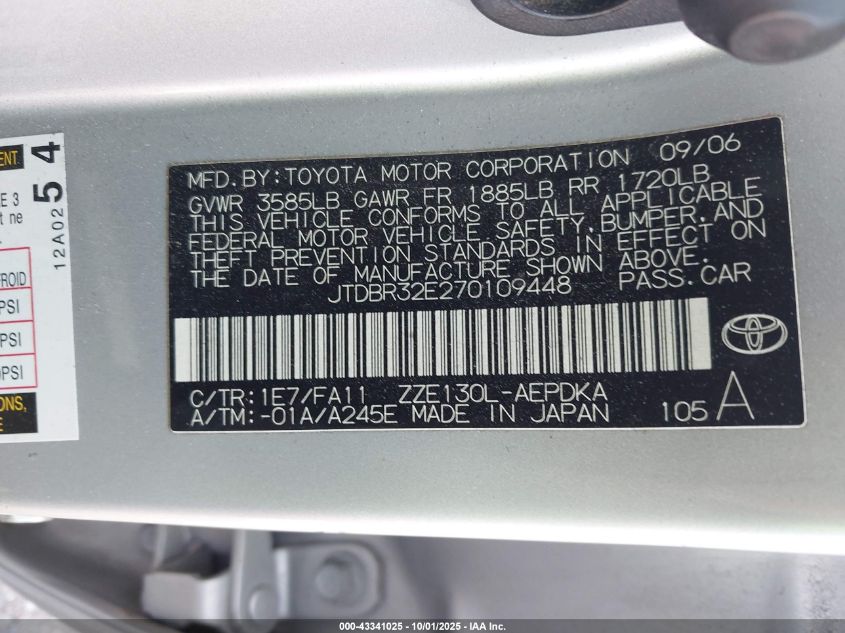 2007 Toyota Corolla Ce VIN: JTDBR32E270109448 Lot: 43341025