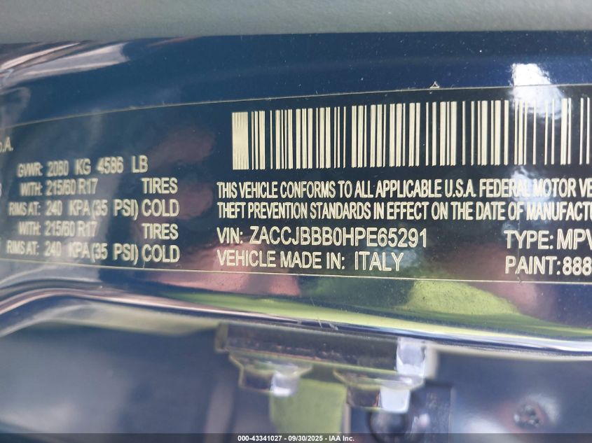 2017 Jeep Renegade Latitude 4X4 VIN: ZACCJBBB0HPE65291 Lot: 43341027