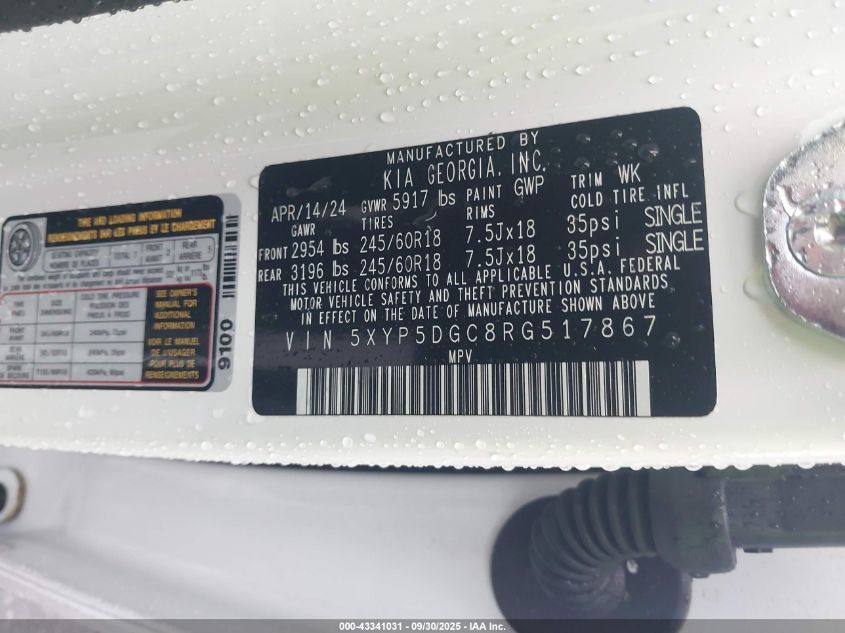 2024 Kia Telluride Sx X-Pro VIN: 5XYP5DGC8RG517867 Lot: 43341031