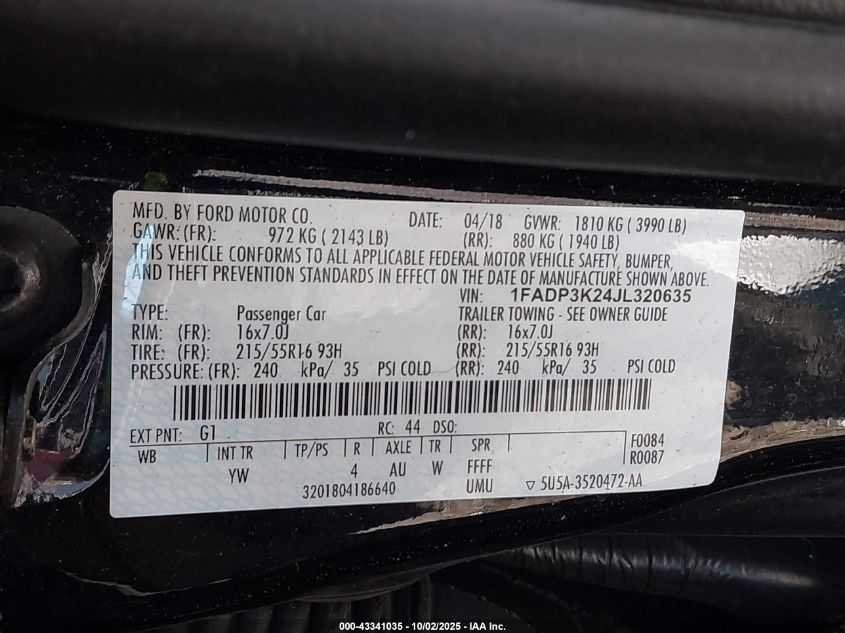 2018 Ford Focus Se VIN: 1FADP3K24JL320635 Lot: 43341035