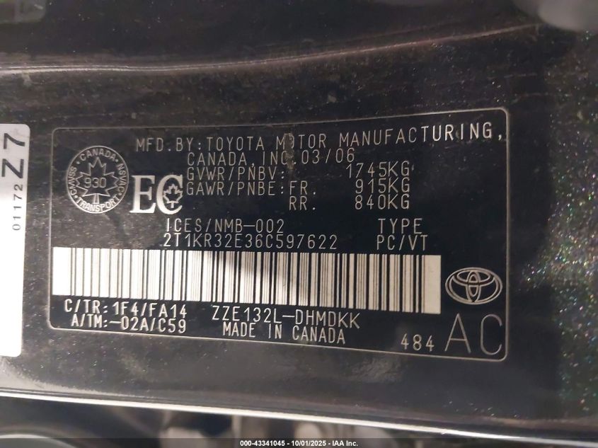 2006 Toyota Matrix Xr/Xrs VIN: 2T1KR32E36C597622 Lot: 43341045