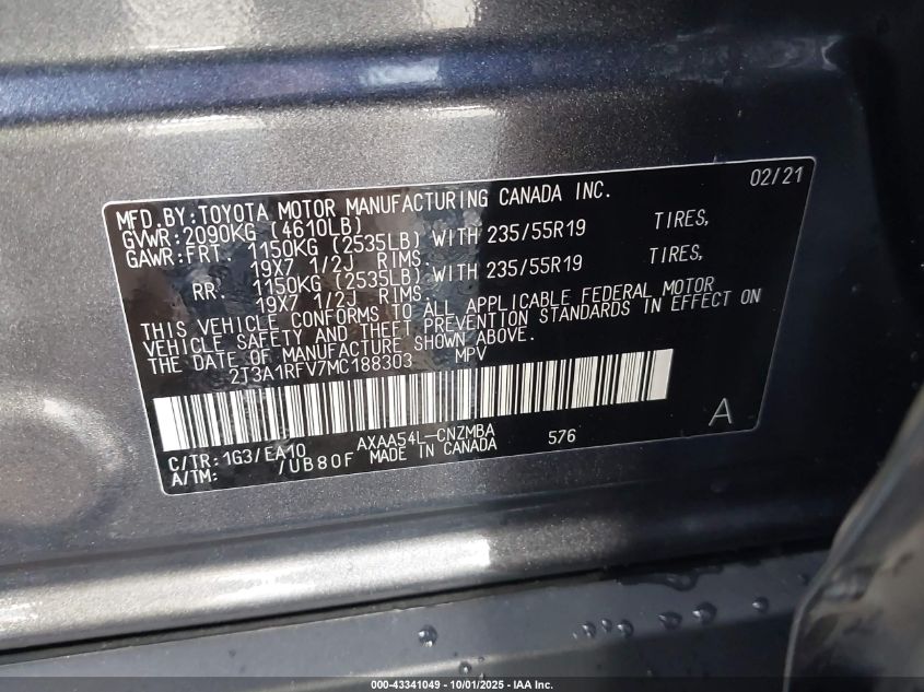 2021 Toyota Rav4 Xle Premium VIN: 2T3A1RFV7MC188303 Lot: 43341049