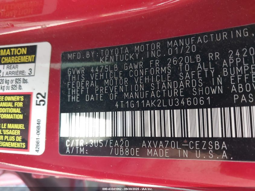 2020 Toyota Camry Se VIN: 4T1G11AK2LU346061 Lot: 43341062