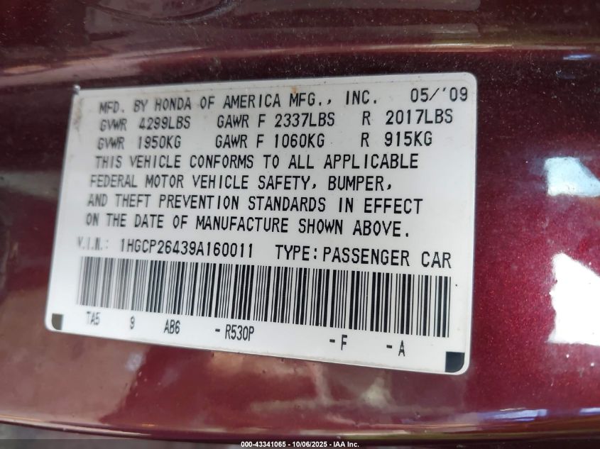 2009 Honda Accord 2.4 Lx-P VIN: 1HGCP26439A160011 Lot: 43341065