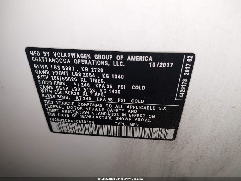2018 Volkswagen Atlas 3.6L V6 Sel Premium VIN: 1V2NR2CA4JC539134 Lot: 43341070