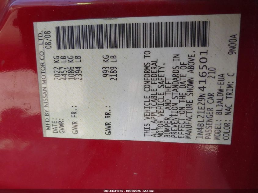 2009 Nissan Altima 3.5 Se VIN: 1N4BL21E29N416501 Lot: 43341075