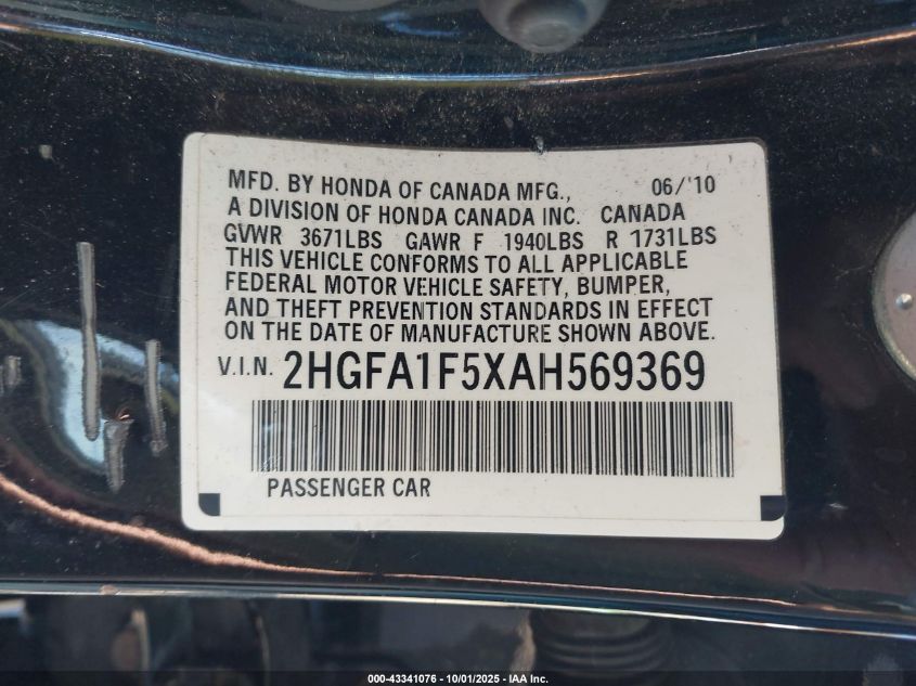 2010 Honda Civic Lx VIN: 2HGFA1F5XAH569369 Lot: 43341076