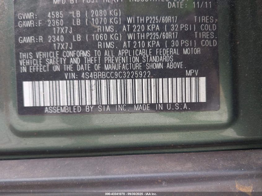 2012 Subaru Outback 2.5I Premium VIN: 4S4BRBCC9C3225922 Lot: 43341078