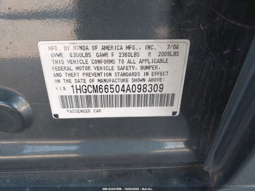 2004 Honda Accord 3.0 Ex VIN: 1HGCM66504A098309 Lot: 43341096