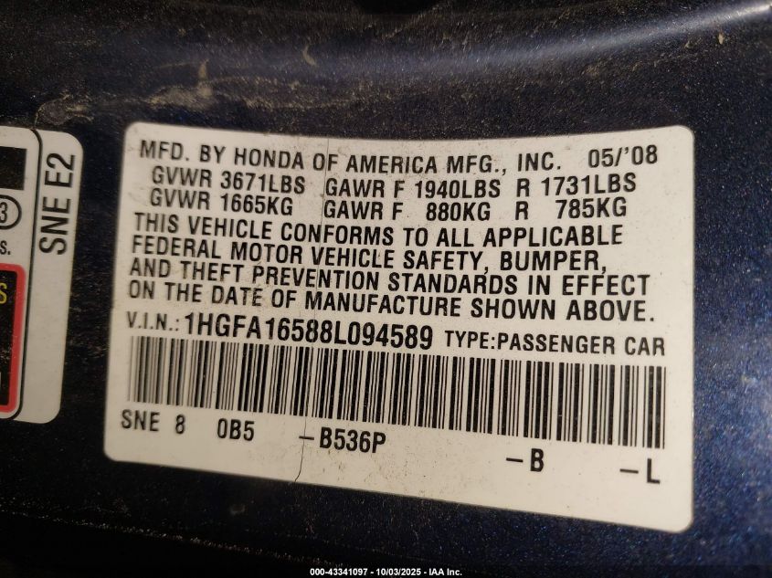 2008 Honda Civic Lx VIN: 1HGFA16588L094589 Lot: 43341097