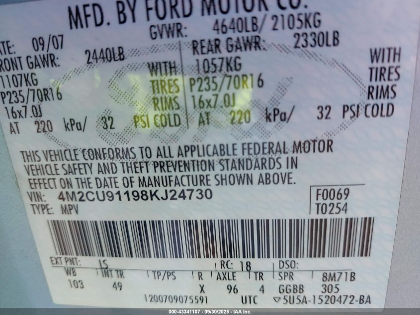 2008 Mercury Mariner V6 VIN: 4M2CU91198KJ24730 Lot: 43341107