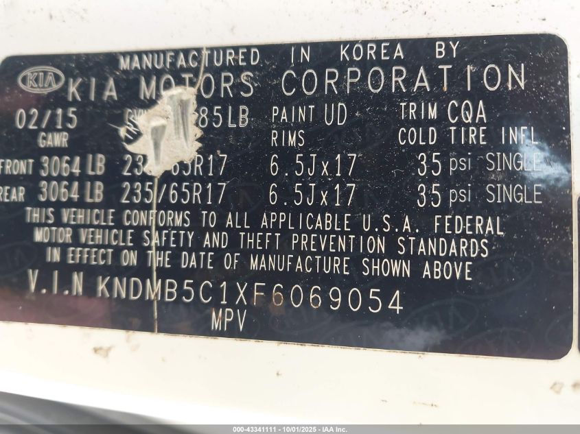 2015 Kia Sedona Lx VIN: KNDMB5C1XF6069054 Lot: 43341111