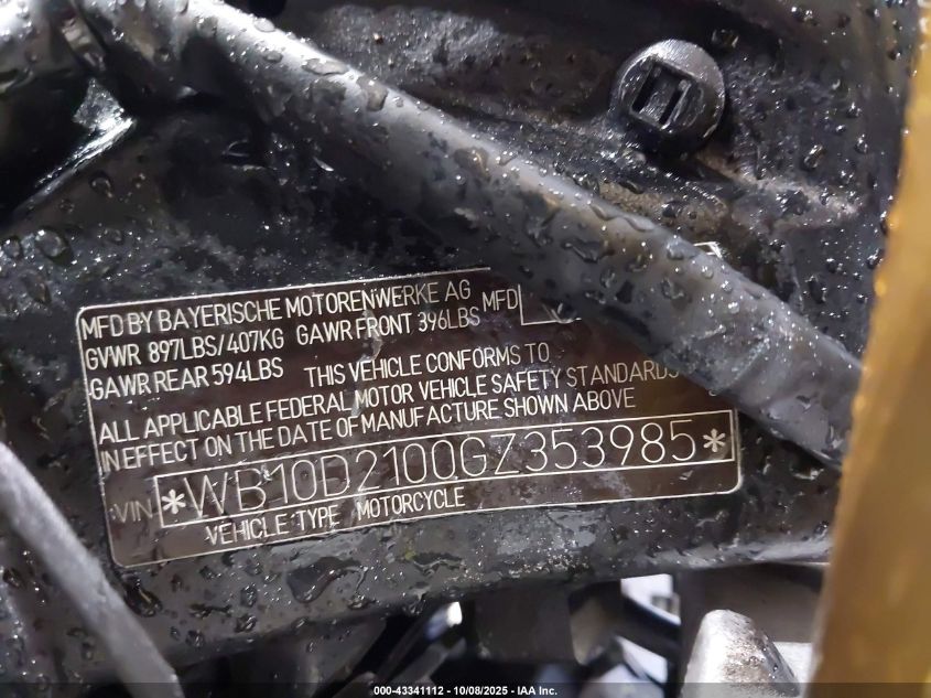 2016 BMW S 1000 Rr VIN: WB10D2100GZ353985 Lot: 43341112