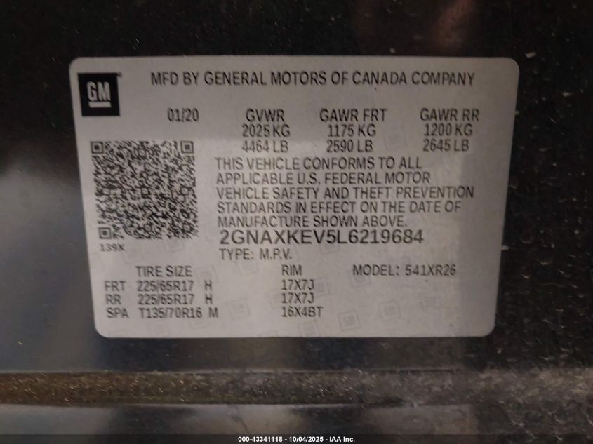 2020 Chevrolet Equinox Fwd Lt 1.5L Turbo VIN: 2GNAXKEV5L6219684 Lot: 43341118