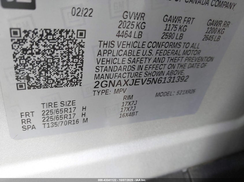 2022 Chevrolet Equinox Fwd 2Fl VIN: 2GNAXJEV5N6131392 Lot: 43341122